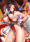  1girl bangs bare_shoulders breasts brown_eyes brown_hair center_opening cleavage cyicheng dress fan fatal_fury fire folding_fan forehead high_ponytail holding holding_fan japanese_clothes large_breasts long_hair looking_at_viewer no_bra parted_bangs pelvic_curtain ponytail red_dress revealing_clothes revision sash shiranui_mai sideboob smile solo the_king_of_fighters thick_thighs thighs 
