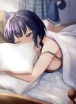  2girls ;o asaka_karin bangs bed bed_sheet black_hair blanket blue_eyes blue_hair breasts highres large_breasts love_live! love_live!_nijigasaki_high_school_idol_club medium_hair mia_(fai1510) morning multiple_girls on_bed one_eye_closed pillow plaid plaid_skirt pleated_skirt skirt sleepy swept_bangs under_covers waking_up 