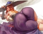  1girl ass ass_focus bare_shoulders black_sleeves breast_press breasts brown_eyes brown_hair commentary curvy detached_sleeves dragon&#039;s_crown from_behind hat huge_ass huge_breasts kazo long_hair lying on_side solo sorceress_(dragon&#039;s_crown) thick_thighs thighs wide_hips witch_hat 