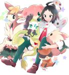  1boy ahoge audino bangs black_hair brown_footwear cheren_(pokemon) collared_shirt commentary_request deerling green_eyes green_pants highres lillipup male_focus meloetta minccino misha_(ohds101) necktie open_mouth pants patrat pidove pokemon pokemon_(creature) pokemon_(game) pokemon_bw2 red_necktie shirt shoes short_hair sleeves_rolled_up snivy stoutland tongue white_shirt 