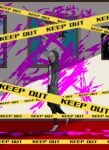  1boy :d bangs black_pants blood blood_on_wall bloody_clothes brown_eyes buxiang_(unknown_scr6) caution_tape commentary_request danganronpa_(series) danganronpa_2:_goodbye_despair facing_viewer foot_up from_side green_jacket hair_between_eyes hands_in_pockets highres hinata_hajime hood hooded_jacket indoors jacket kamukura_izuru keep_out komaeda_nagito long_sleeves male_focus open_mouth painting_(object) pants pink_blood shirt short_hair smile solo upper_teeth white_shirt 