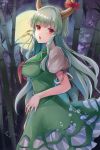  1girl absurdres bamboo bamboo_forest bangs bow breasts dress ex-keine eyebrows_visible_through_hair forest from_side full_moon green_dress green_eyes green_hair highres horn_bow horn_ornament horns huge_filesize kamishirasawa_keine koizumo large_breasts long_hair looking_at_viewer moon nature night open_mouth outdoors puffy_short_sleeves puffy_sleeves red_bow red_eyes short_sleeves solo standing touhou 