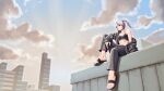  1girl abs black_bra black_footwear black_pants bra building city cityscape cloud cloudy_sky day expressionless gradient_sky half_mask highres jacket lyoung0j open_clothes open_jacket original pants ponytail sandals sitting sky skyscraper solo underwear white_hair 