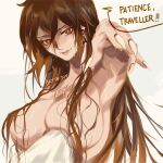  10juu 1girl breasts brown_hair chest_tattoo commentary covering covering_breasts earrings english_commentary english_text fingernails foreshortening genderswap genderswap_(mtf) genshin_impact gradient_hair grey_background holding holding_towel jewelry large_breasts long_fingernails long_hair looking_at_viewer multicolored_hair nude open_mouth orange_eyes orange_hair sharp_fingernails signature simple_background single_earring slit_pupils smile solo speech_bubble symbol_commentary tassel tassel_earrings tattoo towel wet zhongli_(genshin_impact) 