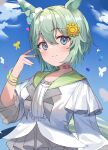  1girl animal_ears aroa_(aroamoyasi) blue_eyes blush bracelet brown_choker bug butterfly choker cloud collar eyebrows_visible_through_hair flower green_collar grey_hair hair_flower hair_ornament hand_up horse_ears horse_tail insect jewelry long_sleeves looking_at_viewer seiun_sky_(umamusume) shirt short_hair sky smile tail umamusume white_shirt yellow_flower 