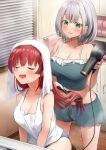  2girls alternate_costume bangs breasts camisole cleavage closed_eyes collarbone comb eyebrows_visible_through_hair green_eyes hair_dryer highres hololive houshou_marine indoors kito_koruta large_breasts long_hair multiple_girls open_mouth red_hair shirogane_noel short_hair short_shorts shorts silver_hair smile spaghetti_strap tank_top towel towel_on_head virtual_youtuber white_tank_top 