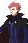  1boy black_cape blue_jacket blue_pants cape closed_mouth commentary_request frown highres jacket lance_(pokemon) male_focus morio_(poke_orio) orange_hair pants pokemon pokemon_(game) pokemon_hgss popped_collar short_hair simple_background solo spiked_hair white_background 