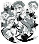  1girl armpits backless_outfit bare_shoulders beret blazblue blonde_hair blush chibi chibi_inset collage cup_ramen detached_sleeves expressions gloves green_eyes greyscale hat mako_gai monochrome necktie nervous noel_vermillion ragna_the_bloodedge scared short_hair thighhighs 