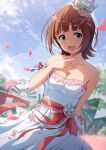  1girl :d amami_haruka amochin bangs bare_shoulders blurry blurry_background blurry_foreground blush breasts bridal_veil brown_hair cleavage collarbone commentary_request crown depth_of_field dress earrings eyebrows_visible_through_hair flower green_eyes hair_flower hair_ornament hand_on_own_chest idolmaster idolmaster_(classic) jewelry looking_at_viewer medium_breasts open_mouth outdoors petals ribbon short_hair sky smile solo strapless strapless_dress veil wedding_dress white_dress 