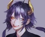  1girl antenna_hair blue_eyes grey_background hair_between_eyes heterochromia horns light_blue_eyes long_hair ohayosayonara original purple_hair red_lips sharp_teeth smile solo teeth twintails upper_body yellow_eyes yellow_horns 