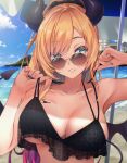  1girl absurdres bangs bare_arms bare_shoulders beach beach_umbrella bikini black_bikini black_nails blonde_hair blue_eyes breasts cleavage collarbone commentary_request day demon_girl demon_horns demon_tail demon_wings eyebrows_visible_through_hair grin hands_up highres hololive horns large_breasts long_hair looking_at_viewer makinan multi-strapped_bikini multicolored_hair nail_polish outdoors parted_lips purple_hair smile solo strap_pull sunlight swept_bangs swimsuit tail tail_raised umbrella upper_body virtual_youtuber wings yuzuki_choco 