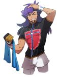  1boy blue_towel bright_pupils champion_uniform commentary_request dark-skinned_male dark_skin dynamax_band facial_hair gloves hand_on_own_head highres holding holding_towel leggings leon_(pokemon) long_hair male_focus morio_(poke_orio) one_eye_closed pokemon pokemon_(game) pokemon_swsh purple_hair shield_print shirt short_shorts short_sleeves shorts simple_background single_glove smile solo sword_print teeth towel white_background white_legwear white_pupils white_shorts yellow_eyes 