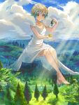  1girl bare_legs barefoot blonde_hair blush bow cloud cloud_hair dress floating forest giant giantess hair_bow handa_roko highres holding idolmaster idolmaster_million_live! nature oi! outdoors solo twintails white_dress yellow_eyes 