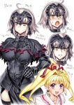  2girls ahoge armor blonde_hair breasts clenched_teeth commentary_request crescent crescent_earrings earrings fate/grand_order fate_(series) gauntlets hair_ribbon headpiece highres hiyohiyo jeanne_d&#039;arc_(alter)_(fate) jeanne_d&#039;arc_(fate)_(all) jewelry kaitou_jeanne kamikaze_kaitou_jeanne kusakabe_maron large_breasts multiple_girls namesake open_mouth ponytail red_eyes ribbon silver_hair skirt smile sweatdrop teeth thighhighs translation_request yellow_eyes 