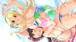  2girls ayame_(senran_kagura) ball bangs beachball bikini blonde_hair blue_bikini blush breast_squeeze breasts cleavage closed_eyes green_eyes hair_between_eyes hairband highres holding holding_ball innertube katsuragi_(senran_kagura) large_breasts long_hair multiple_girls open_clothes open_mouth pink_bikini senran_kagura striped striped_bikini swimsuit untied untied_bikini wardrobe_malfunction yaegashi_nan 