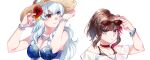  2girls alternate_costume alternate_hairstyle animal_ears arknights bare_shoulders bear_ears blue_eyes brown_hair hat heterochromia highres long_hair lonlonl17635238 looking_at_another multicolored_hair multiple_girls off_shoulder ponytail red_eyes rosa_(arknights) silver_hair straw_hat zima_(arknights) 