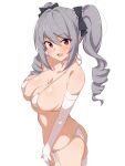  1girl ass bangs bikini blush breasts butt_crack choker cleavage covered_nipples drill_hair elbow_gloves gloves grey_hair idolmaster idolmaster_cinderella_girls kanzaki_ranko large_breasts long_hair looking_at_viewer micro_bikini open_mouth red_eyes seihekiog sidelocks simple_background solo standing swimsuit thighhighs twintails white_background white_bikini 