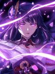  1girl aura_draws bangs blunt_bangs braid braided_ponytail breasts cleavage closed_mouth electricity eyeshadow flower genshin_impact hair_ornament japanese_clothes kimono long_hair looking_at_viewer makeup mole mole_under_eye purple_eyes purple_flower purple_hair raiden_(genshin_impact) red_eyeshadow ribbon tassel tomoe_(symbol) vision_(genshin_impact) 