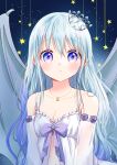  1girl :o blush bow breasts cleavage crescent_necklace crown detached_sleeves eyebrows_visible_through_hair highres light_blue_hair lingerie long_hair looking_at_viewer original purple_bow purple_eyes solo symbol_commentary tiramisu651 underwear wings 