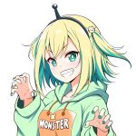  1girl amano_pikamee bangs blonde_hair breasts claw_pose colored_inner_hair eyebrows_visible_through_hair felutiahime green_hair green_hoodie hood hoodie medium_breasts multicolored_hair sharp_teeth short_hair smile solo streaked_hair teeth two_side_up upper_body v-shaped_eyebrows virtual_youtuber voms white_background 