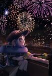  1girl akr_tmr baseball_cap bike_shorts black_sky blurry blurry_background boots closed_mouth depth_of_field e-liter_4k_(splatoon) fireworks hat highres holding holding_weapon looking_to_the_side makeup mascara medium_hair night night_sky octoling outdoors print_headwear purple_eyes sitting sky solo splatoon_(series) splatoon_2 tentacle_hair weapon 