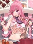  1girl bottle bound breasts cellphone choker commentary_request cooking crop_top eyebrows_visible_through_hair face_hold fishnets food highres holding holding_knife holding_ladle hololive hololive_english knife ladle large_breasts lips long_hair looking_to_the_side midriff mori_calliope navel no_hat no_headwear official_alternate_costume official_alternate_hairstyle open_mouth phone pink_eyes pink_hair pink_nails ponytail pot skull_print smartphone solo steam sweatdrop talking_on_phone tied_up underboob upper_body virtual_youtuber waterring wine_bottle 