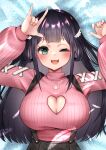  1girl absurdres amano_nene_(vtuber) breasts cleavage cleavage_cutout clothing_cutout hair_ornament highres onigirisss pink_sweater production_kawaii sweater virtual_youtuber wing_hair_ornament 