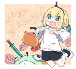  1girl :d amano_pikamee aqua_eyes aqua_hair black_hairband black_shorts blonde_hair blush_stickers colored_inner_hair commentary doughnut english_commentary food full_body hairband happy_birthday jumping kukie-nyan long_sleeves multicolored_hair off-shoulder_shirt off_shoulder open_mouth sharp_teeth shirt shorts smile solo teeth twitter_username two-tone_hair virtual_youtuber voms white_shirt 