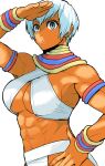  abs armlet biceps bikini blue_eyes dark_skin elena_(street_fighter) fujita_kakuji jewelry muscular muscular_female neck_ring short_hair simple_background solo street_fighter swimsuit tan toned white_hair 