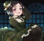  1girl arm_up black_hair black_legwear black_ribbon dress eyebrows flower green_dress green_headwear hat hat_flower highres idolmaster idolmaster_cinderella_girls idolmaster_cinderella_girls_starlight_stage long_sleeves looking_at_viewer matsuo_chizuru mochizuki_yomogi night open_mouth pantyhose purple_eyes ribbon short_hair sky smile solo star_(sky) starry_sky window 