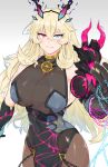  1girl black_dress blonde_hair breasts chain covered_navel dress fate/grand_order fate_(series) gauntlets gawain_(fairy_knight)_(fate) gradient gradient_background heterochromia huge_breasts long_hair shitappa signature single_gauntlet 