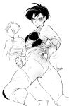  1girl armor ass boots bowalia dragon_ball dragon_ball_(classic) gloves greyscale leotard looking_at_viewer monkey_tail monochrome saiyan_armor scouter seripa short_hair simple_background solo tail thighhighs 