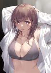  1girl arms_behind_head arms_up bangs black_bra blurry bra breasts brown_hair cleavage collarbone commentary_request eyebrows_visible_through_hair jonsun large_breasts long_hair open_clothes open_shirt original parted_lips purple_eyes shirt sidelocks solo teeth underwear upper_body white_shirt 
