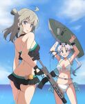  2girls ahoge akitsushima_(kancolle) arms_up ass badge bangs beach bikini black_bikini blush breasts cloud commission crossover day earrings eyebrows_visible_through_hair eyewear_on_head girls&#039;_frontline gun hair_bun hair_ribbon head_tilt highres holding holding_gun holding_weapon honey_badger_(girls&#039;_frontline) honey_badger_(gun) jewelry kantai_collection long_hair looking_at_viewer medium_breasts multiple_girls nel-c ocean open_mouth outdoors polka_dot ponytail purple_eyes ribbon sidelocks skeb_commission sky sparkle sunglasses surfboard swimsuit tongue tongue_out weapon white_bikini 