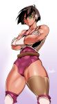  1girl armor black_hair boots bowalia dragon_ball dragon_ball_(classic) gloves gradient gradient_background leotard looking_at_viewer muscular saiyan_armor scouter seripa short_hair simple_background spiked_hair tail 