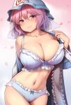  1girl absurdres blue_kimono breasts cleavage commentary_request hat highres japanese_clothes kimono large_breasts lingerie long_sleeves pink_eyes pink_hair ribbon saigyouji_yuyuko shiratsuki_shiori short_hair solo touhou triangular_headpiece underwear wavy_hair 