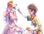  2girls bangs baseball_cap black_hair closed_eyes dress from_side gradient_hair grin hand_on_headwear hat himemori_luna holding_crown hololive kubota_masaki long_hair multicolored_hair multiple_girls oozora_subaru open_mouth pink_dress pink_hair shirt short_hair short_sleeves shorts sitting smile stopwatch stopwatch_around_neck striped striped_shirt t-shirt thighhighs vertical-striped_shirt vertical_stripes virtual_youtuber watch wavy_hair whistle whistle_around_neck white_legwear white_shorts 