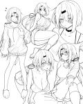  1girl blush bra breasts choker cleavage crossed_legs hair_ornament hairclip hanging_breasts hood hoodie large_breasts low_ponytail moketa monochrome nijisanji ribbon school_uniform shiina_yuika short_hair slippers solo sweat sweater underwear virtual_youtuber 