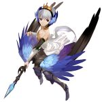  1girl absurdres armor bare_shoulders black_eyes blue_wings breasts choker cleavage crown dress full_body gwendolyn_(odin_sphere) highres looking_at_viewer odin_sphere polearm silver_hair simple_background small_breasts solo spear strapless strapless_dress weapon white_background white_hair wings xianluo_zonghe_zheng 