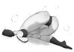  1girl ass ass_focus boxing_gloves breasts gloves highres monochrome original potepotepotechi ryona simple_background steam sweat top-down_bottom-up topless trembling underboob wrestling_outfit 