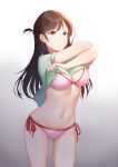  1girl absurdres bangs bikini braid breasts brown_eyes brown_hair cleavage closed_mouth collarbone eyebrows_visible_through_hair french_braid gradient gradient_background green_shirt halterneck highres kanojo_okarishimasu large_breasts long_hair mizuhara_chizuru navel open_mouth pink_bikini raise094 shirt side-tie_bikini smile solo strap_gap string_bikini swimsuit undressing 