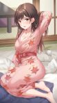  1girl absurdres adjusting_hair arm_behind_head barefoot bed breasts brown_eyes brown_hair cleavage floral_print futon highres japanese_clothes kanojo_okarishimasu kimono large_breasts long_hair looking_at_viewer mizuhara_chizuru on_bed on_floor pink_kimono sitting tokkyu 