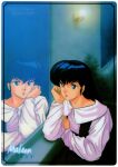  1980s_(style) 1girl absurdres arm_grab bangs black_hair blue_eyes character_name copyright_name dress highres indoors long_hair maison_ikkoku moriyama_yuji otonashi_kyouko reflection retro_artstyle scan solo window windowsill 