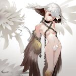  1girl black_hair breasts brown_wings chain feathered_wings hair_over_one_eye harpy highres monster_girl multicolored_hair navel nude original red_eyes simple_background small_breasts standing two-tone_hair white_background white_hair wings xianluo_zonghe_zheng 