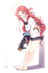  1girl absurdres against_wall blue_archive blush commentary_request dated forehead full_body game_console grenade_launcher halo highres i-tsd looking_at_viewer nyan_cat red_hair sandals signature simple_background solo trigger_discipline weapon white_background yuzu_(blue_archive) 