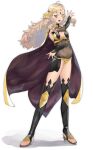  1girl absurdres ahoge bangs blonde_hair bodystocking breasts bridal_gauntlets cape covered_navel fire_emblem fire_emblem_fates full_body grey_eyes highres long_hair looking_at_viewer medium_breasts midriff mozuku_3 open_mouth ophelia_(fire_emblem) panties solo thighhighs turtleneck underwear 