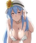  1girl bare_shoulders bikini blue_hair blush breasts cleavage collarbone cyka dp-12_(girls&#039;_frontline) eyebrows_visible_through_hair flower_hat girls&#039;_frontline grey_eyes hand_in_hair hat highres huge_breasts jewelry large_breasts leaning_forward long_hair looking_at_viewer necklace solo swimsuit white_background white_bikini white_headwear 