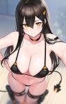  1girl bangs bare_arms bare_shoulders black_choker black_hair blurry blush breasts choker cleavage closed_mouth collarbone depth_of_field from_above hair_between_eyes hair_ornament hand_on_hip hayabusa highres large_breasts long_hair looking_at_viewer looking_up mole mole_on_stomach mole_under_eye navel orange_eyes original raiden_(hayabusa) selfie sideboob solo standing tail thigh_strap 