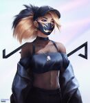  1girl artist_name baseball_cap black_hair black_tank_top blonde_hair blue_eyes breasts cheesewoo1 choker cleavage clothes_removed covered_navel crop_top dog_tags ear_piercing earrings eyeliner hair_through_headwear hat highres jacket jacket_partially_removed jewelry k/da_(league_of_legends) league_of_legends makeup mascara mask midriff mouth_mask multicolored_hair piercing ponytail simple_background solo streaked_hair tank_top the_baddest_akali two-tone_hair 