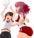  2girls arms_up ass bangs bike_shorts black_shorts brown_eyes brown_hair commentary elbow_pads girls_und_panzer gym_shirt gym_uniform headband highres isobe_noriko kitayama_miuki kondou_taeko looking_up medium_hair midriff multiple_girls open_mouth pantylines red_headband red_shirt red_shorts shirt short_hair short_shorts short_sleeves shorts simple_background single_vertical_stripe sleeveless sleeveless_shirt sportswear standing t-shirt volleyball volleyball_uniform white_background white_shirt 